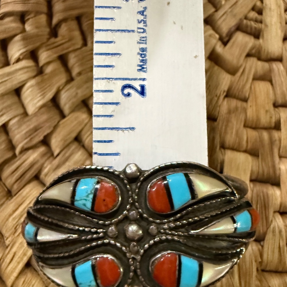 Vintage Zuni Sterling, Turquoise, Coral & MOP - Picture 7 of 10
